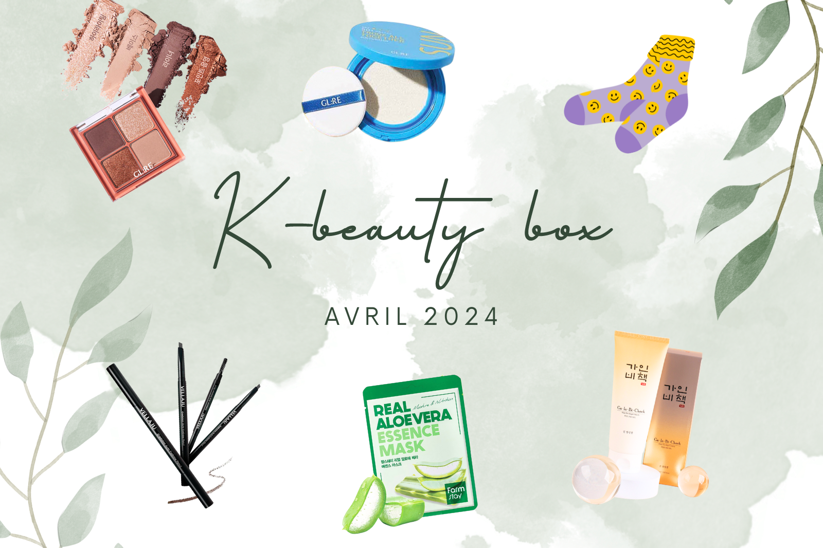Image de la K-beauty Box d'Avril 2024 avec maquillage, masque et accessoires.