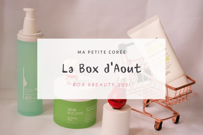 KBeauty Box Aout 2021 avec produits cosmétiques coréens et pochon réutilisable.