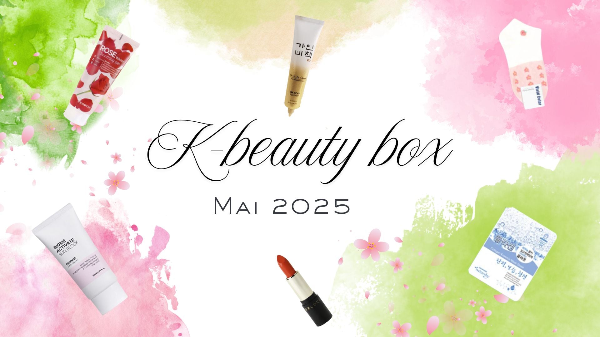 K-Beauty Box de Mai 2025 🌷 - Produits de beauté coréens sur fond floral coloré