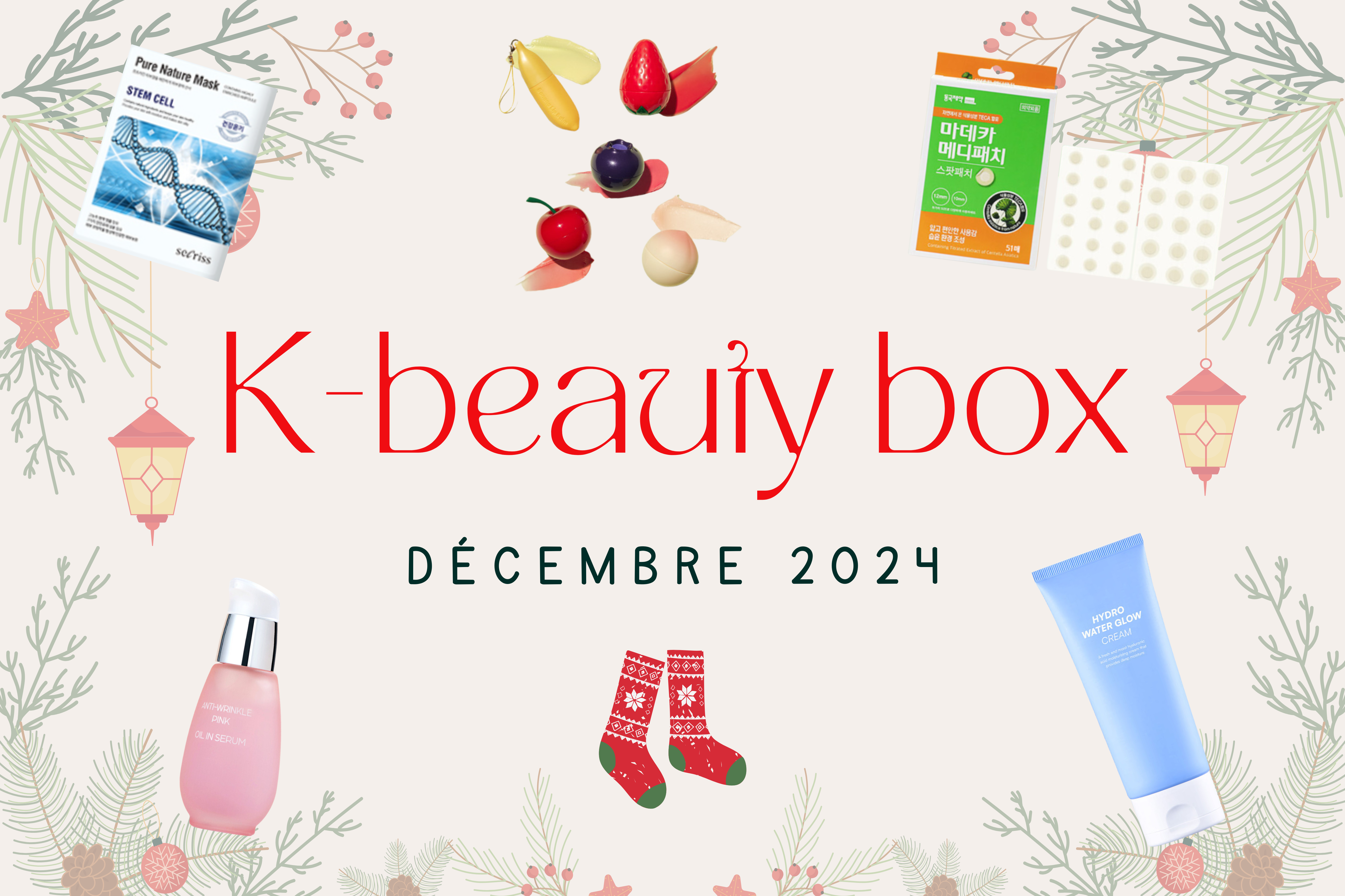 Image de la K-beauty Box de Décembre 2024 🎄 avec des produits de soin festifs.