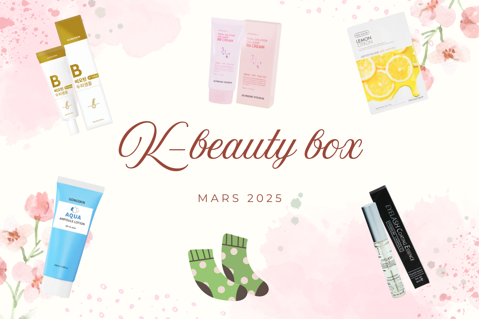 Produits de la K-Beauty Box de Mars 2025 sur fond floral et printanier.