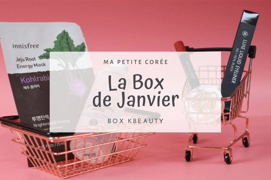 BOX KBEAUTY : LA BOX DE JANVIER avec des produits de maquillage et de skincare sur fond rose.