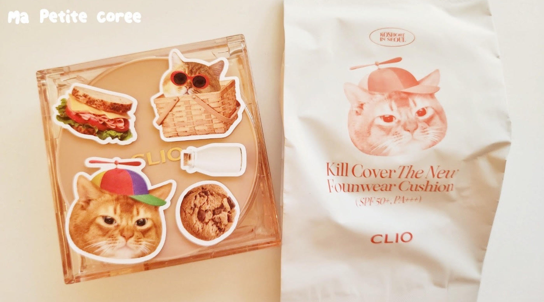 CLIO Cushion Koshort packaging with cute cat-themed stickers, featuring in Review CLIO Cushion Koshort in Seoul article.