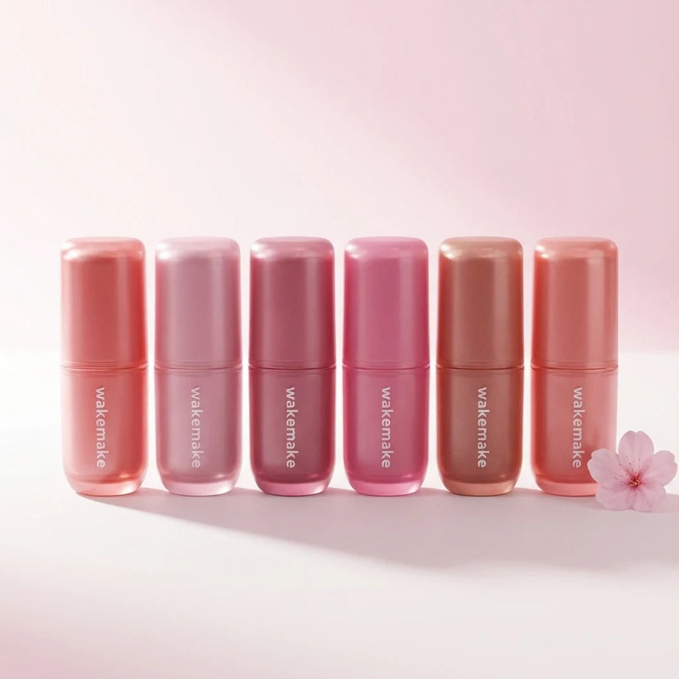 WAKE MAKE Water Blurring Layer Tint 4.6g de WAKE MAKE, collection de baumes teintés roses sur fond clair, fleurs en décor.
