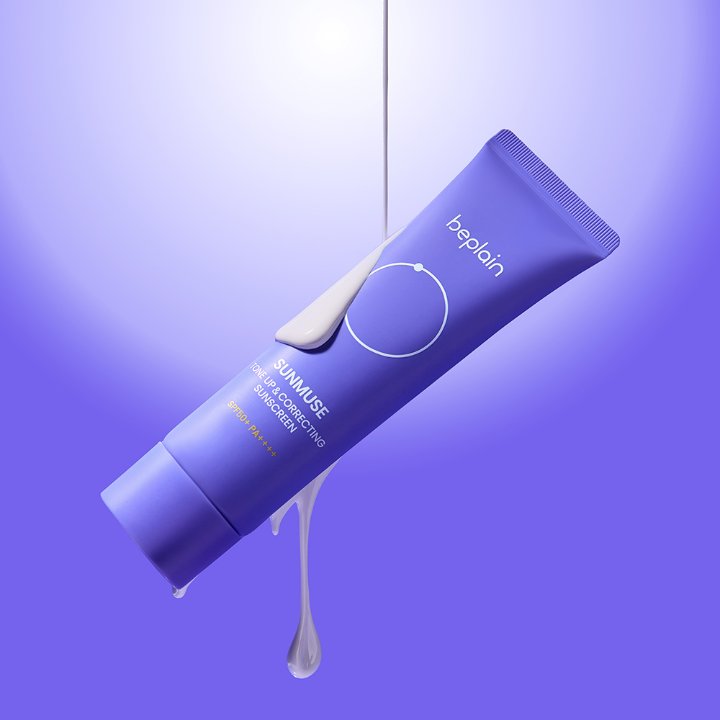 BEPLAIN Sunmuse Tone Up and Correcting Sunscreen SPF50+ PA++++ 50ml, tube sur fond violet, crème solaire correctrice