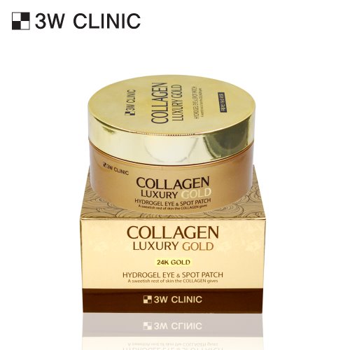 Décris l'image en français en mentionnant le produit, la marque et le contexte visuel: 3W CLINIC Collagen Luxury Gold Hydrogel Eye & Spot Patch 90g