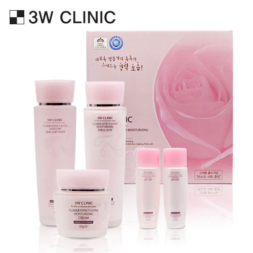 3W CLINIC Flower Effect Extra Moisturizing Skin Care Set (Softener+Emulsion+Cream) de 3W CLINIC, flacons roses sur fond blanc