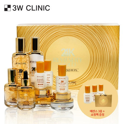 3W CLINIC Premium Revitality 24K Gold Set (Toner+Ampoule+Essence+Eye Cream+Emulsion+Cream+3Ampoules) disponible sur Ma petite Coree, ton Eshop 100% K-beauty en direct de Seoul