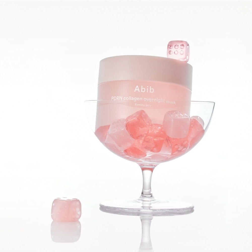 ABIB PDRN Collagen Overnight Mask Firming Jelly 80ml, masque de nuit Abib, gel rosé en présentoir transparent, fond blanc