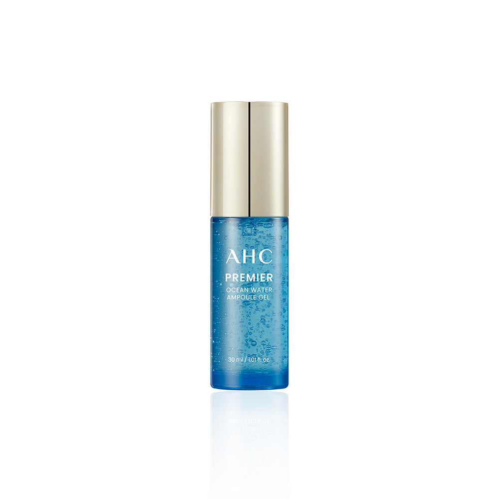 AHC Premier Ocean Water Ampoule Gel 30ml, flacon bleu AHC sur fond blanc, gel ampoule au style produit cosmétique