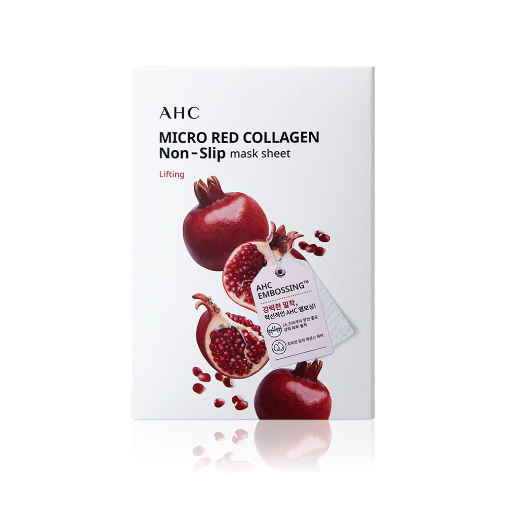 Boîte de AHC Micro Red Collagen Non-Slip Mask Sheets 10ea avec illustration de grenade, produit de soin visage anti-glisse et raffermissant.