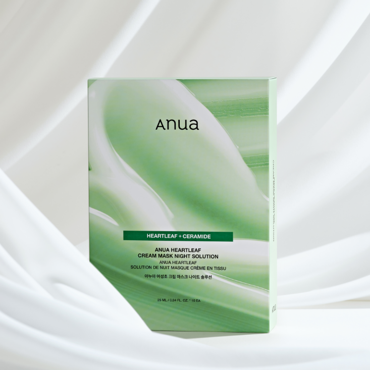 ANUA Heartleaf + Ceramide Cream Mask Night Solution, boîte Anua sur fond blanc avec motifs verts, soin visage nuit