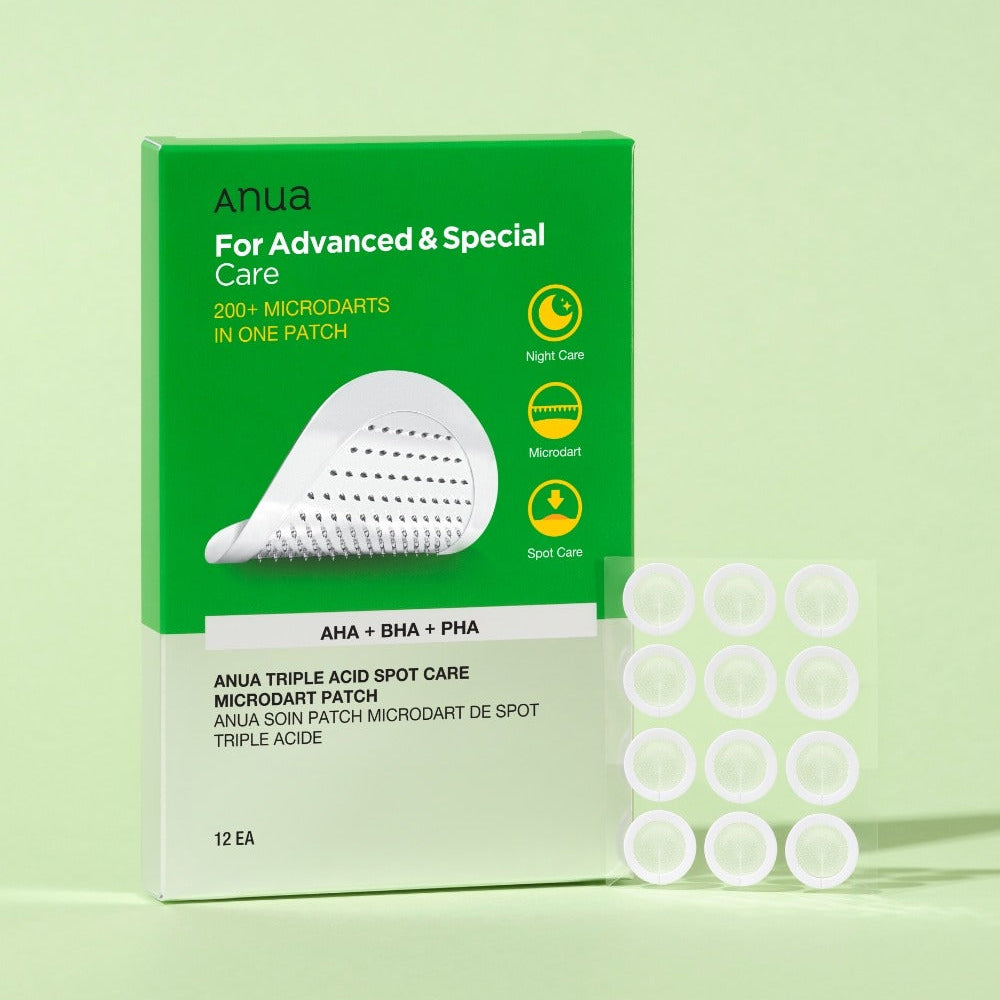 ANUA Triple Acid Spot Care Microdot Patch : boîte verte ANUA et patchs microdots sur fond vert, soins anti-imperfections.