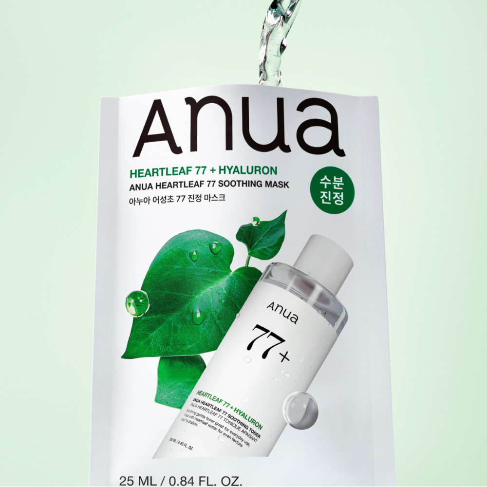 ANUA Heatfleaf 77 + Hyaluron Soothing Mask, marque Anua, masque apaisant sur emballage blanc avec feuilles vertes et flacon.
