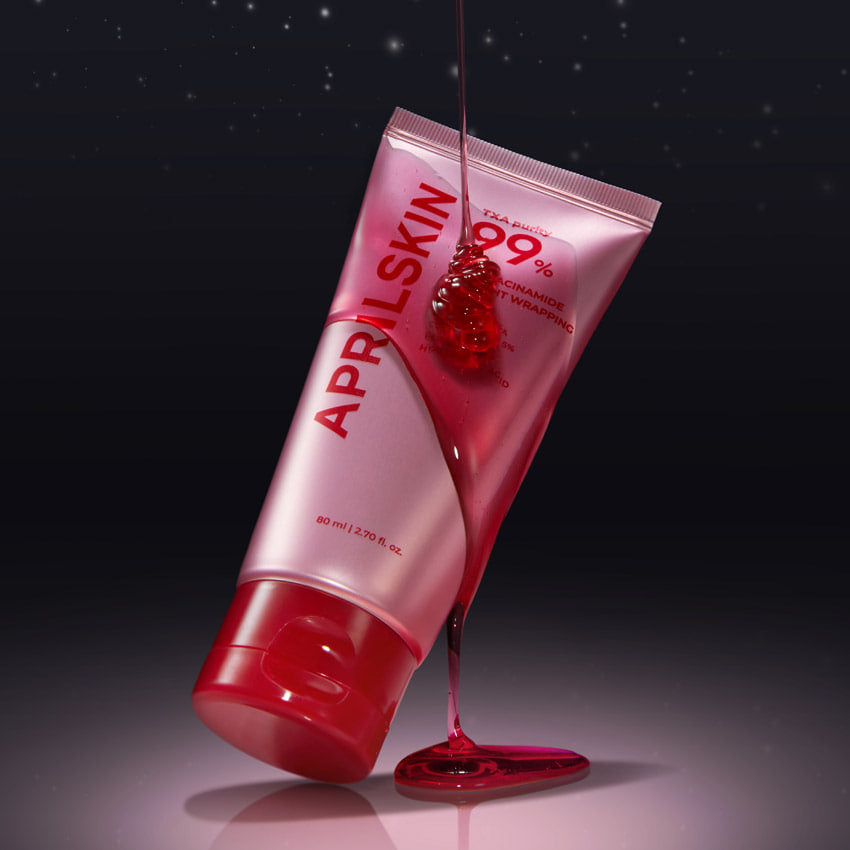 APRILSKIN TXA Niacinamide 99 Night Wrapping Mask 80ml, tube rosé avec sérum rouge, style nuit, marque APRILSKIN