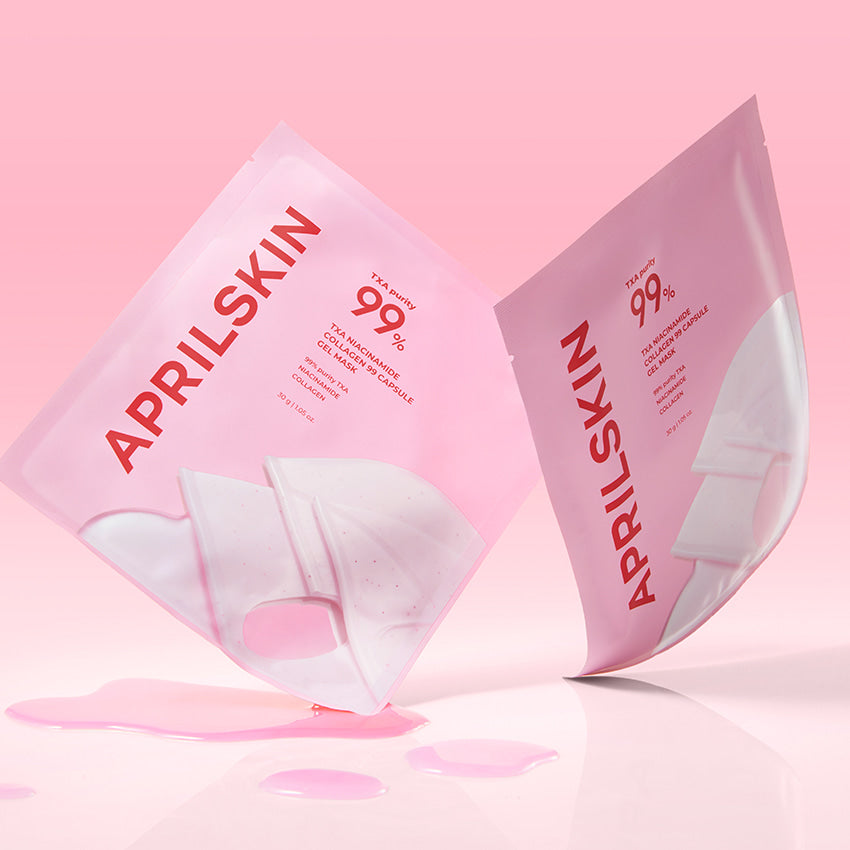 APRILSKIN TXA Niacinamide Collagen 99 Capsule Gel Mask 4 Sheets : masques en sachets rose sur fond clair, marque APRILSKIN