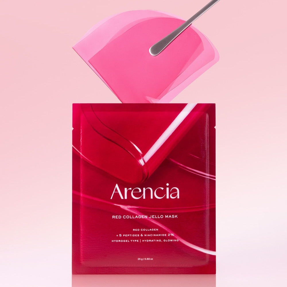 ARENCIA Red Collagen Gel Mask 4 Sheets : masque gel rouge au collagène Arencia, en pack rose, lame/pinceau de pose