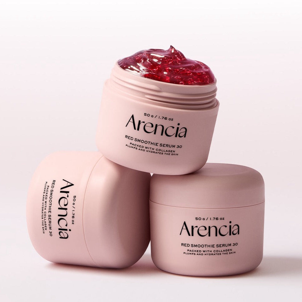 ARENCIA Red Smoothie Serum 30 50g : pots de sérum rouge ARENCIA sur fond clair, texture lisse visible.