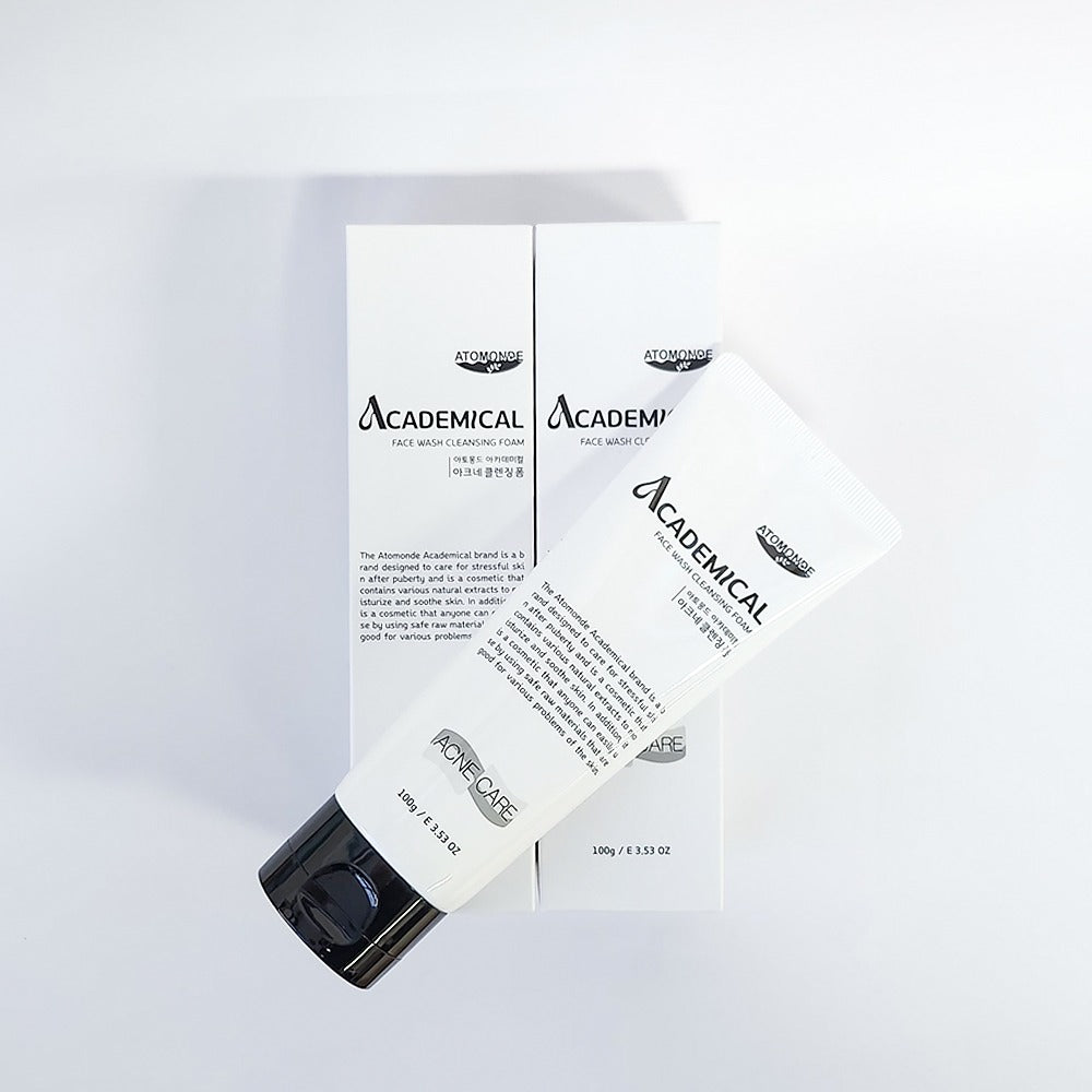 ATOMANDE Academic Face Wash Cleansing Foam 100g : flacon blanc et coffret, packaging beauté sur fond clair.