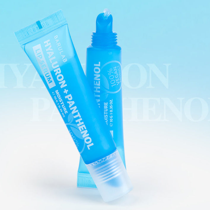 BARULAB Hyaluronic Panthenol Moisturizing Lip Serum 10g, pack bleu sur fond clair, gros plan produit cosmétique.