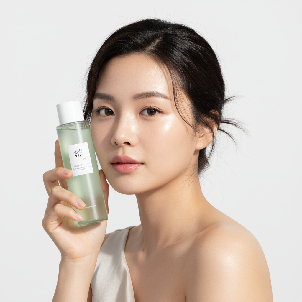 BEAUTY OF JOSEON Green Plum Refreshing Toner AHA + BHA 150ml, femme tenant le flacon, fond blanc, beauté visage