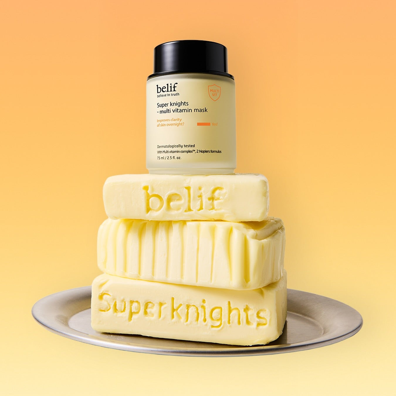 BELIF Super Knights Multi Vitamin Mask 75ml, masque multi-vitamines belif sur fond jaune, visuel produit empilé