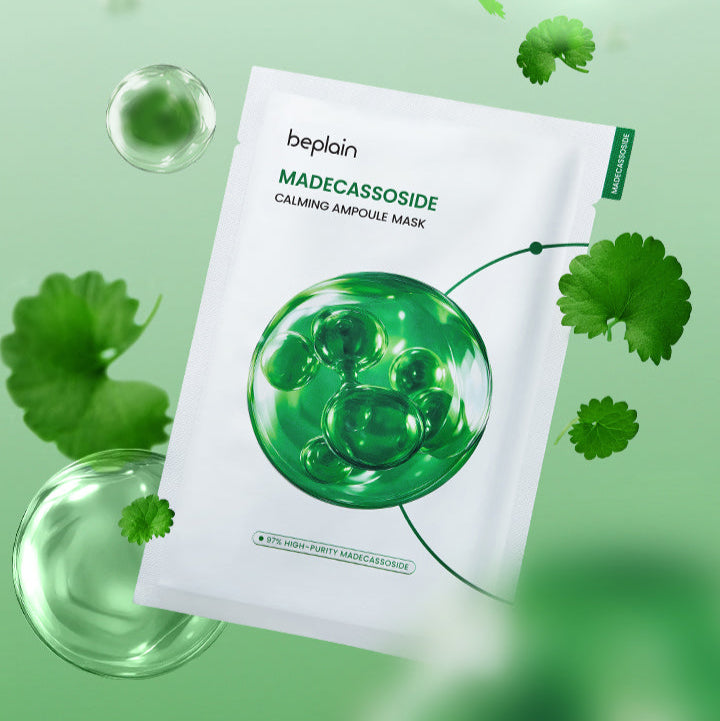 BEPLAIN Madecassoside Calming Ampoule Mask 5 Sheets : masque apaisant de la marque beplain sur fond vert, feuilles de plantes