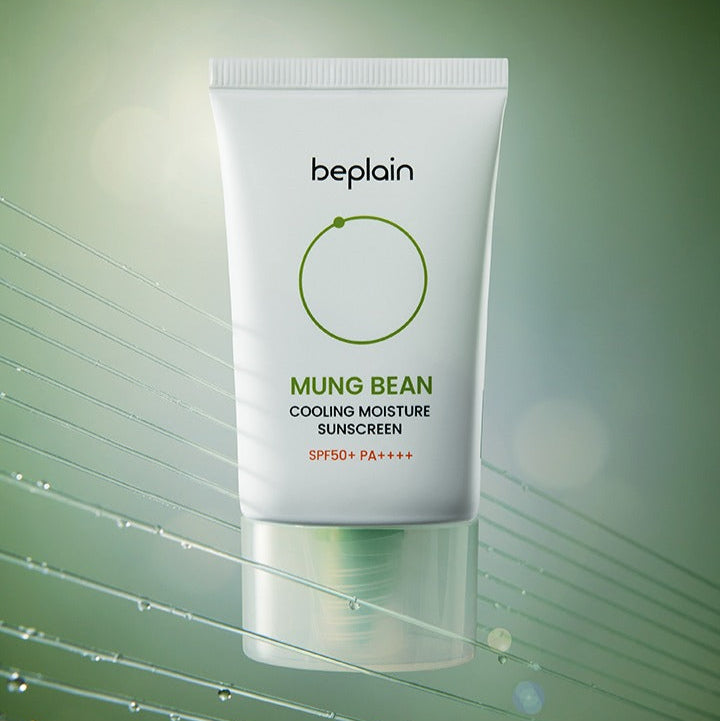 BEPLAIN Green Bean Cooling Moisture Sun Cream 50ml beplain, tube crème solaire sur fond vert, ambiance fraîche et hydratante SPF50+