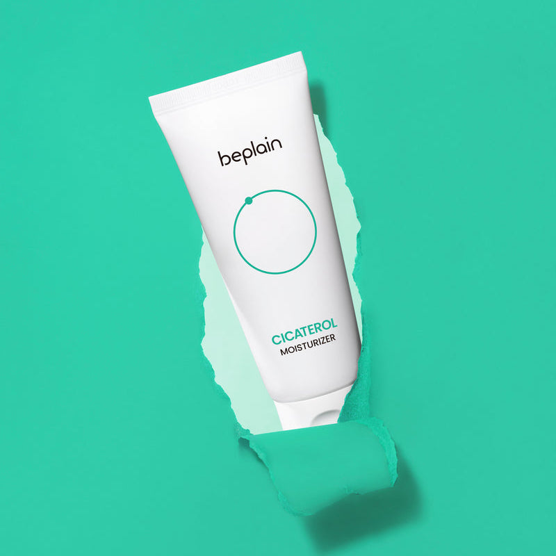 BEPLAIN Cicaterol Cream 60ml : tube blanc sur fond turquoise, contexte cosmétique, crème hydratante