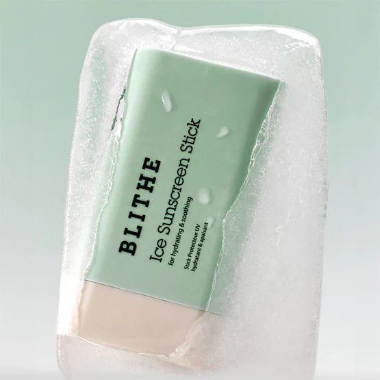 BLITHE Ice Sunscreen Stick encapsulé dans la glace, protection solaire et hydratation, format stick pratique.