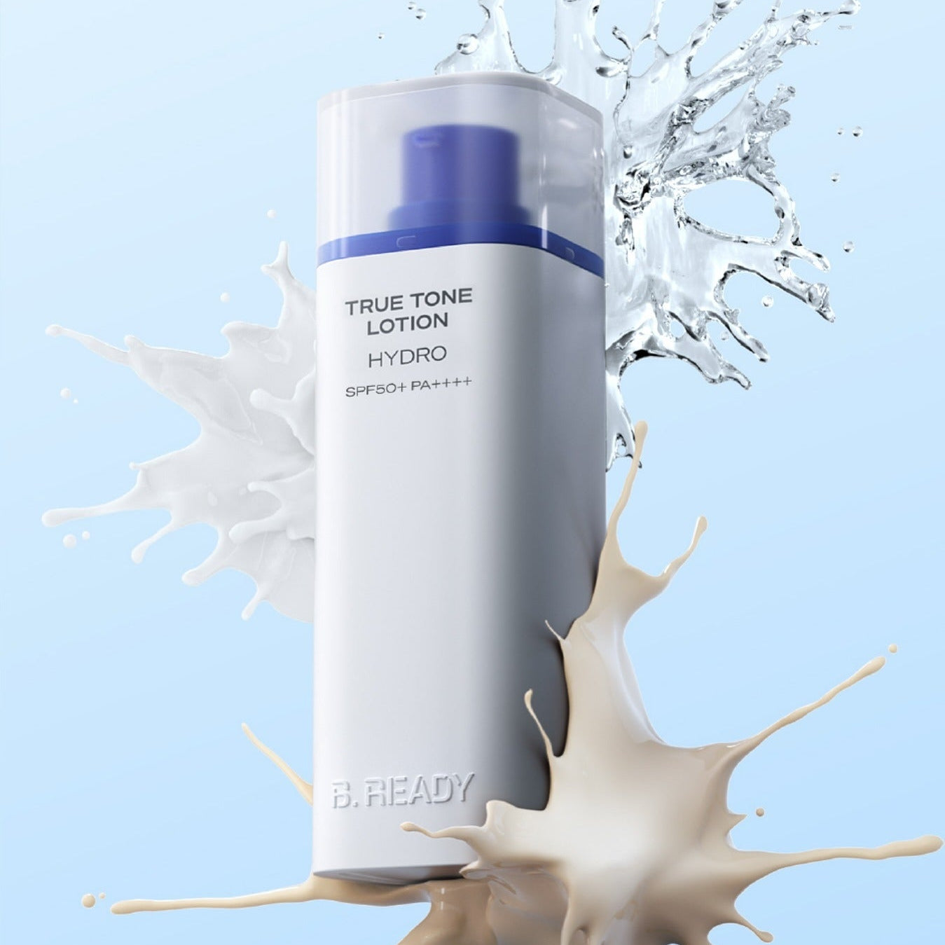 B.READY True Tone Lotion 2.0 40ml de la marque B.READY, flacon avec éclaboussures d’eau sur fond bleu ciel