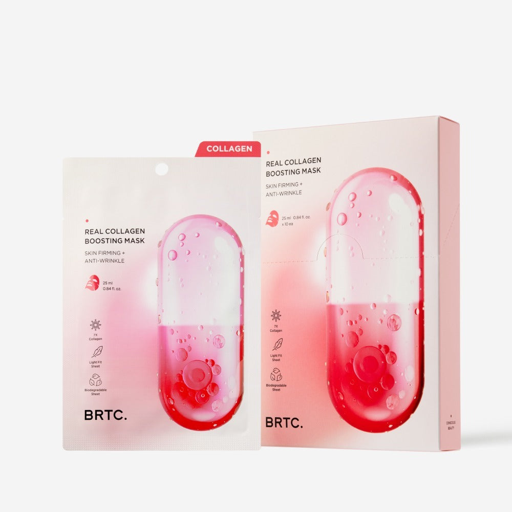 BRTC Real Collagen Bosting Mask 10 Sheets de BRTC sur fond clair, packaging et masques hydrogel rose.