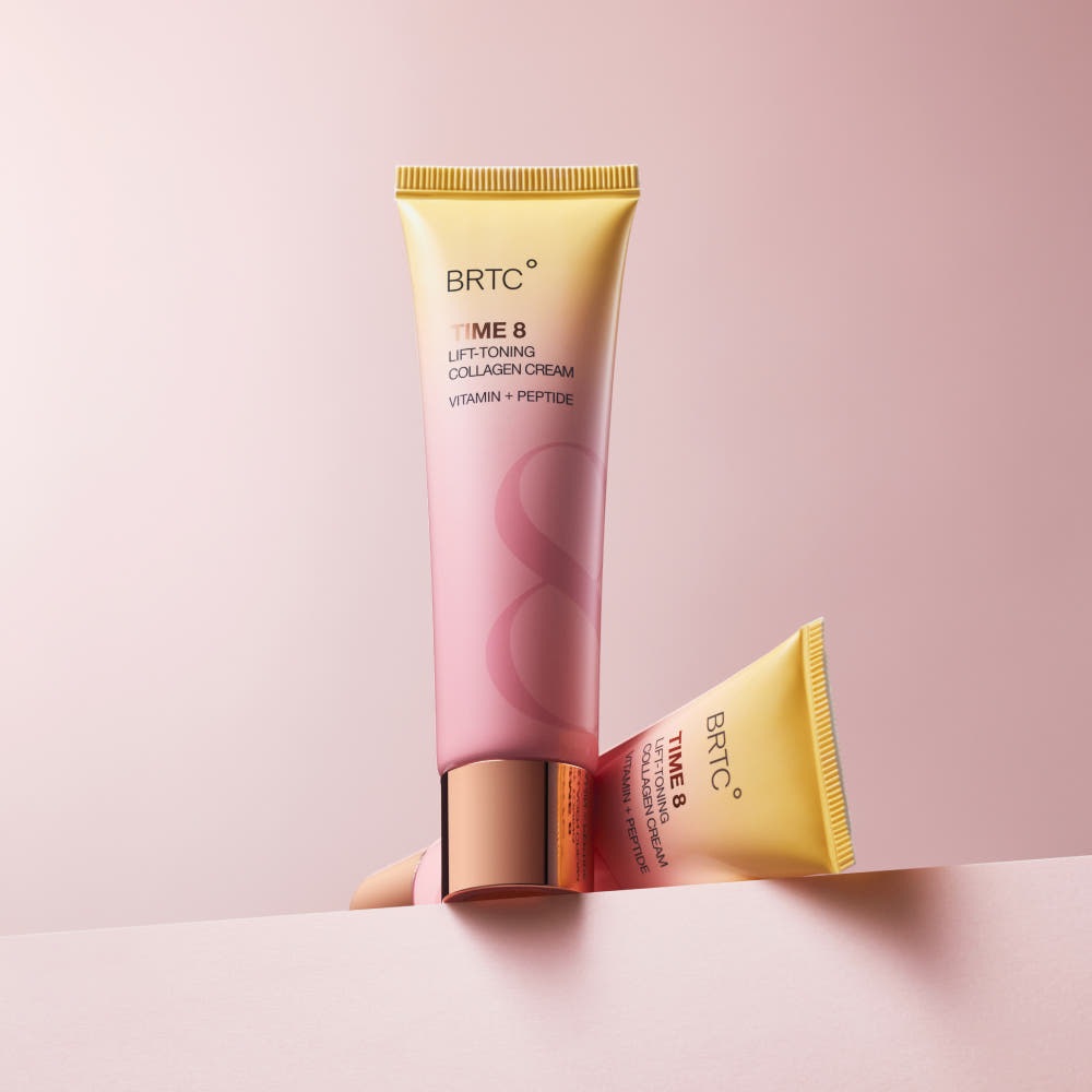 BRTC Time 8 LIft-Toning Collagen Cream 80ml de BRTC, tube rose sur fond pastel, contexte visuel promo beauté