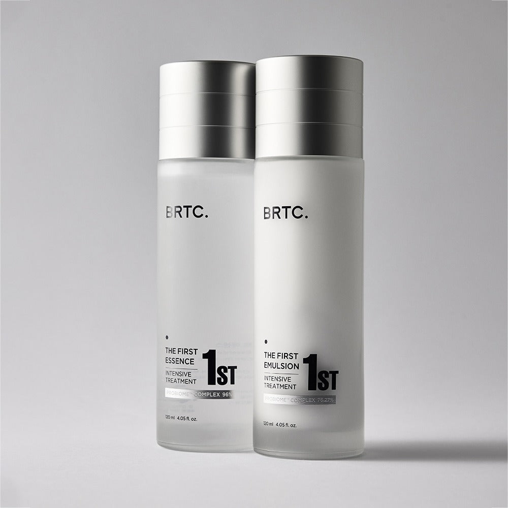 BRTC The First Emulsion 120ml et essence sur fond blanc. Soin intensif pour la peau, produit cosmétique innovant avec hydratation efficace.