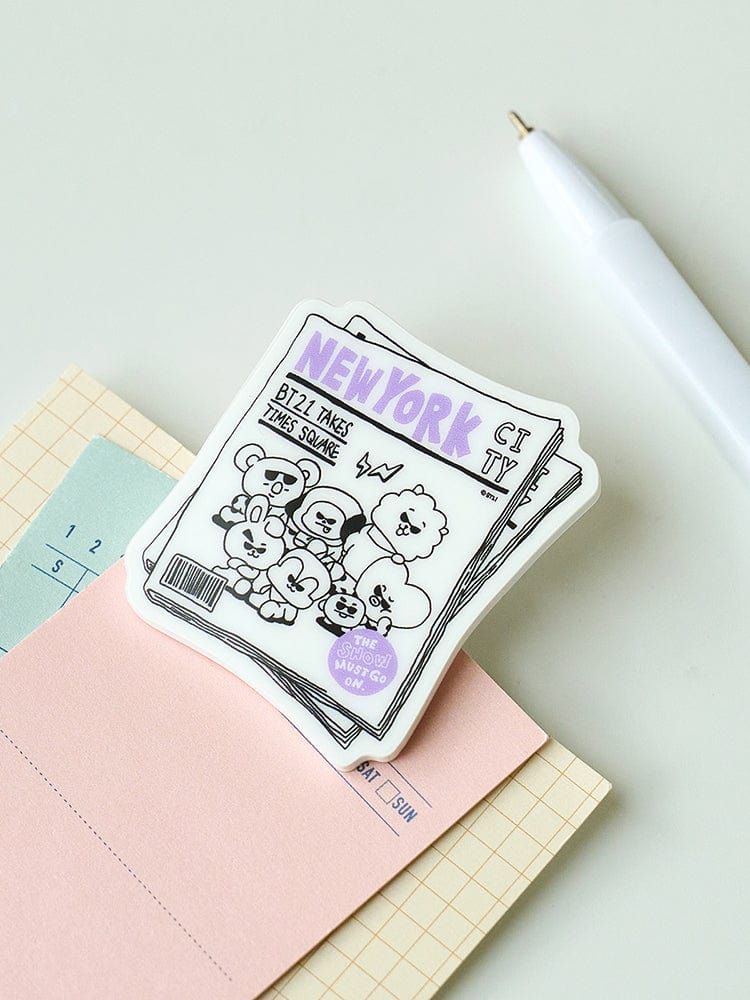 BT21 ACRYLIC MAGNETIC CLIP NEW YORK CITY EDITION : pince aimantée BT21 sur papeterie, design New York, bureau/école.