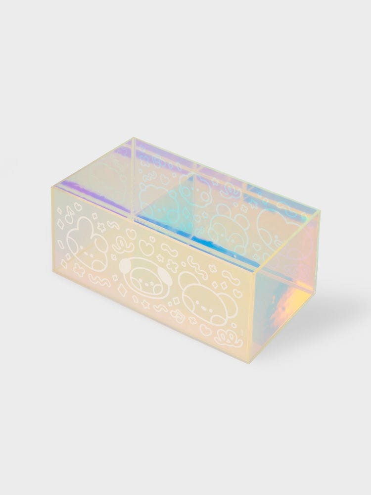 BT21 ACRYLIC TISSUE BOX COVER GLITTER EDITION : boîte à mouchoirs transparente LINE FRIENDS, design kawaii pailleté sur fond clair.