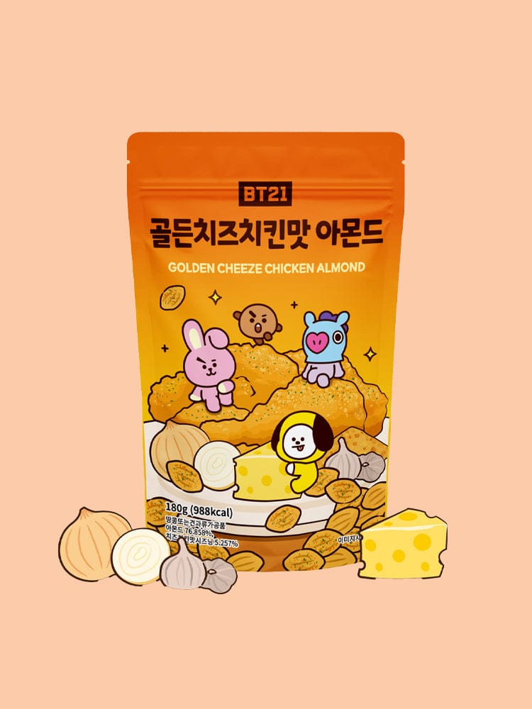 BT21 ALMOND (180g) LINE FRIENDS : paquet kawaii et amandes, personnages BT21 sur fond beige, ambiance chaleureuse