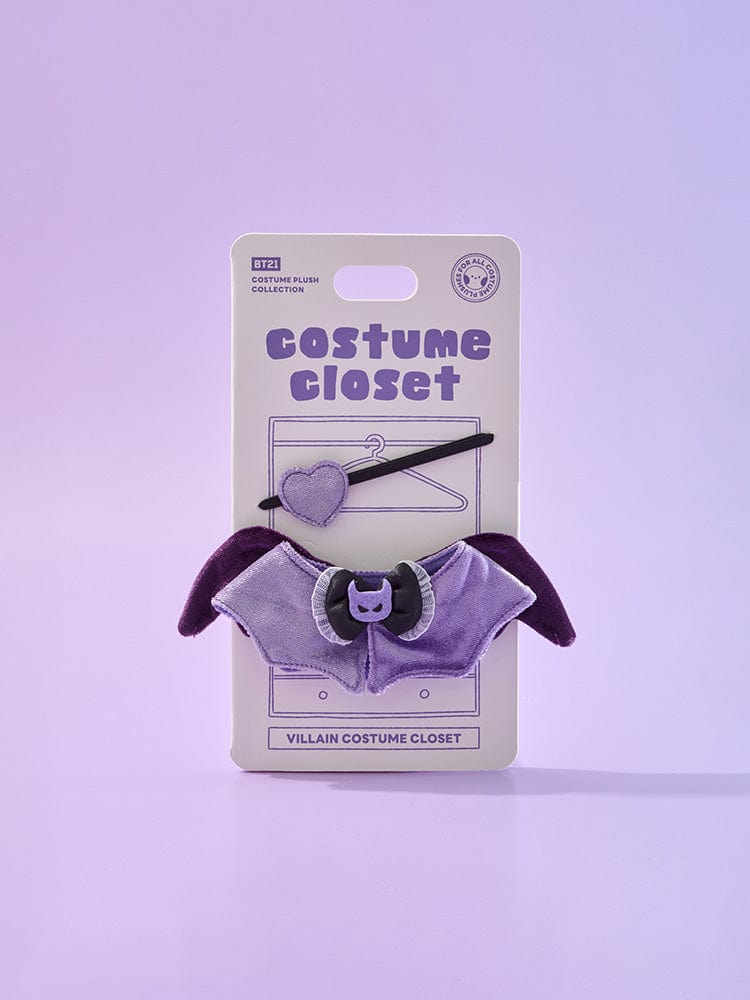 BT21 ANGEL & VILLAIN COSTUME CLOSET - VILLAIN, peluche costume violet sur carte violet LINE FRIENDS, décor chambre