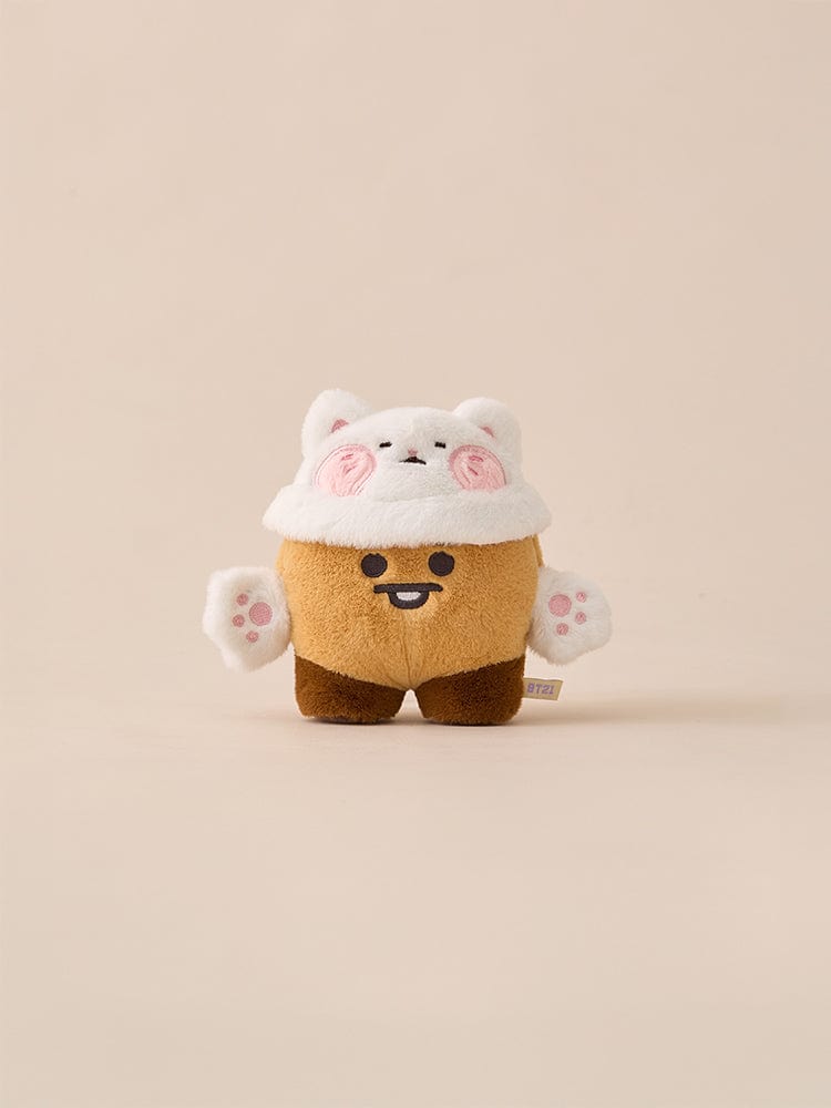 BT21 BABY COSTUME PLUSH CLOSET - CAT FLUFFY : peluche bébé en costume chat, décor minimal beige, marque BT21/LINE FRIENDS.