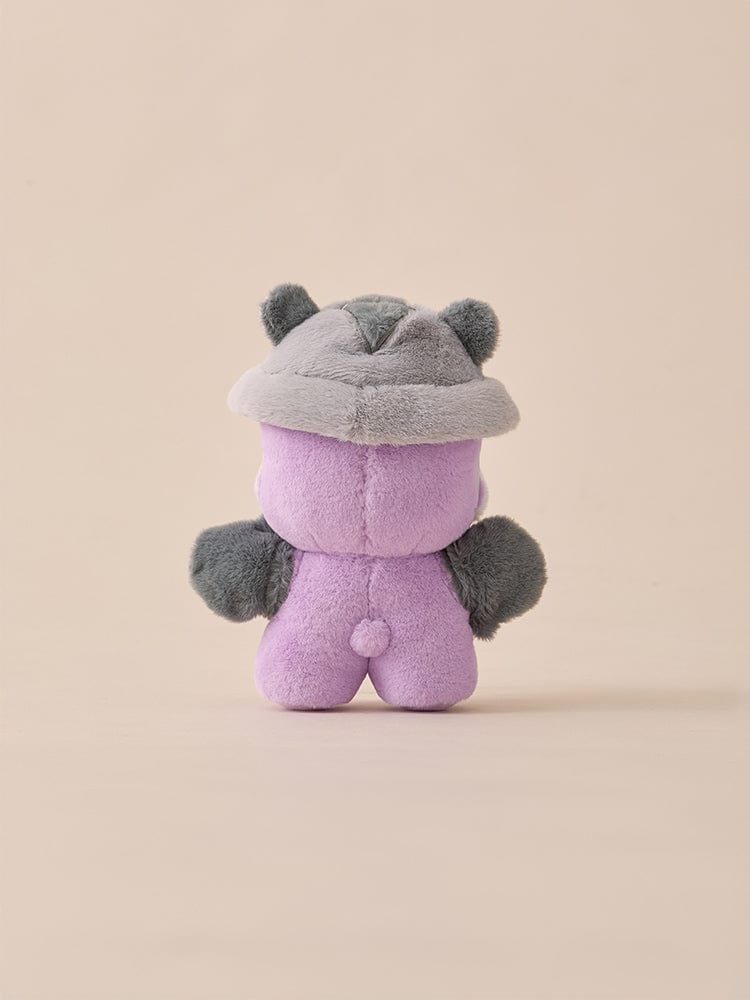 BT21 BABY COSTUME PLUSH CLOSET - FLYING SQUIRREL FLUFFY : peluche bébé gris/violet en costume, fond clair, marque BT21.