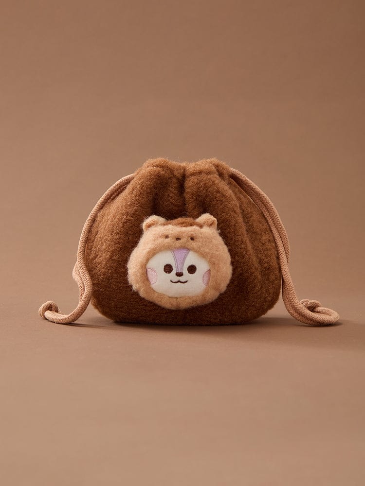 BT21 BABY MORE FLUFFY FACE PLUSH STRING POUCH peluche brun LINE FRIENDS sur fond beige, visage mignon
