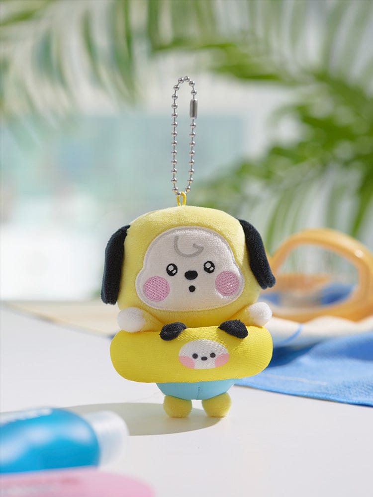 BT21 BABY PLUSH KEYRING SPLASH EDITION : porte-clés peluche jaune Baby face, sur tapis bleu, LINE FRIENDS, BTS