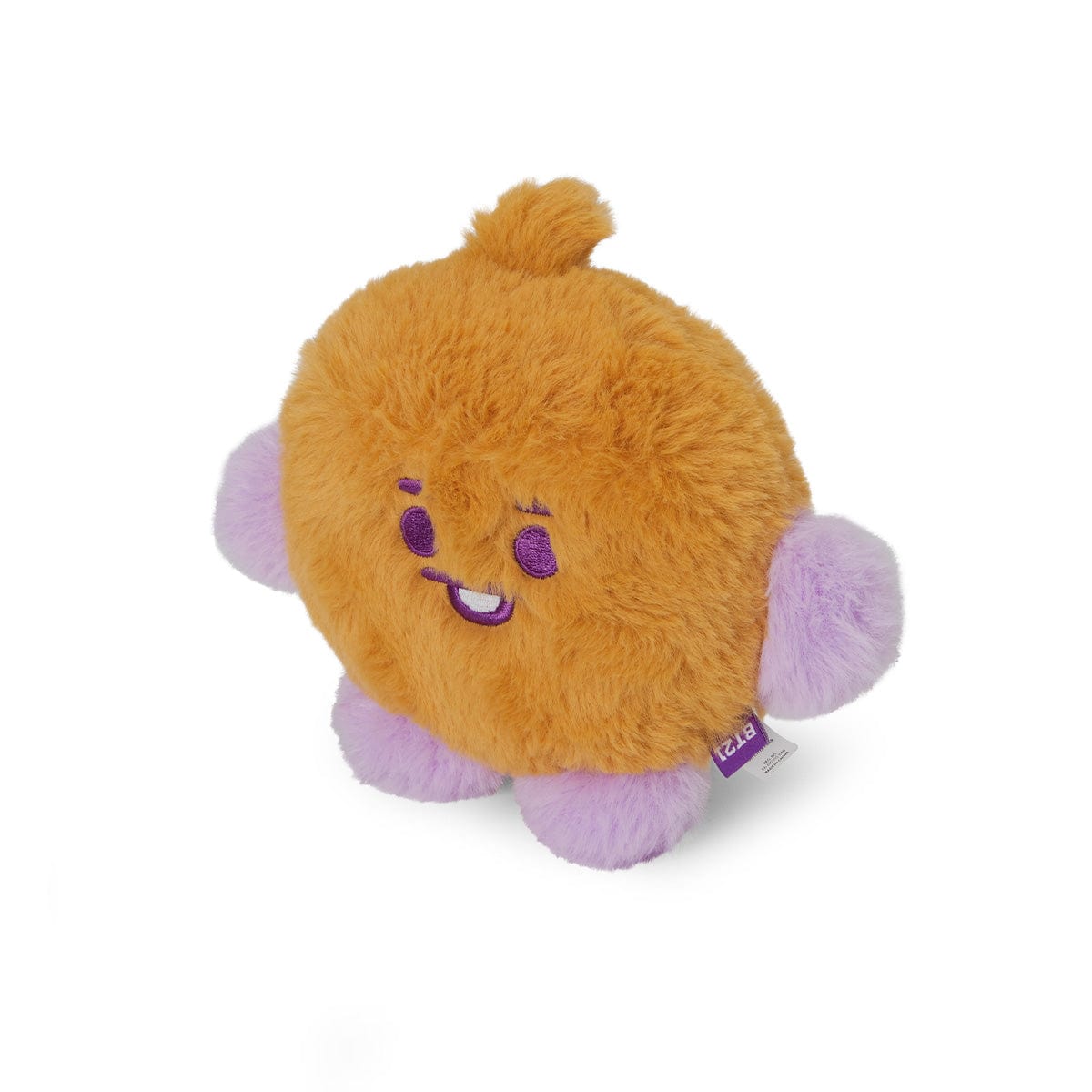 BT21 BABY SHOOKY FLAT FUR STANDING DOLL PURPLE HEART EDITION, peluche Suga BTS, biscuit violet sur fond blanc