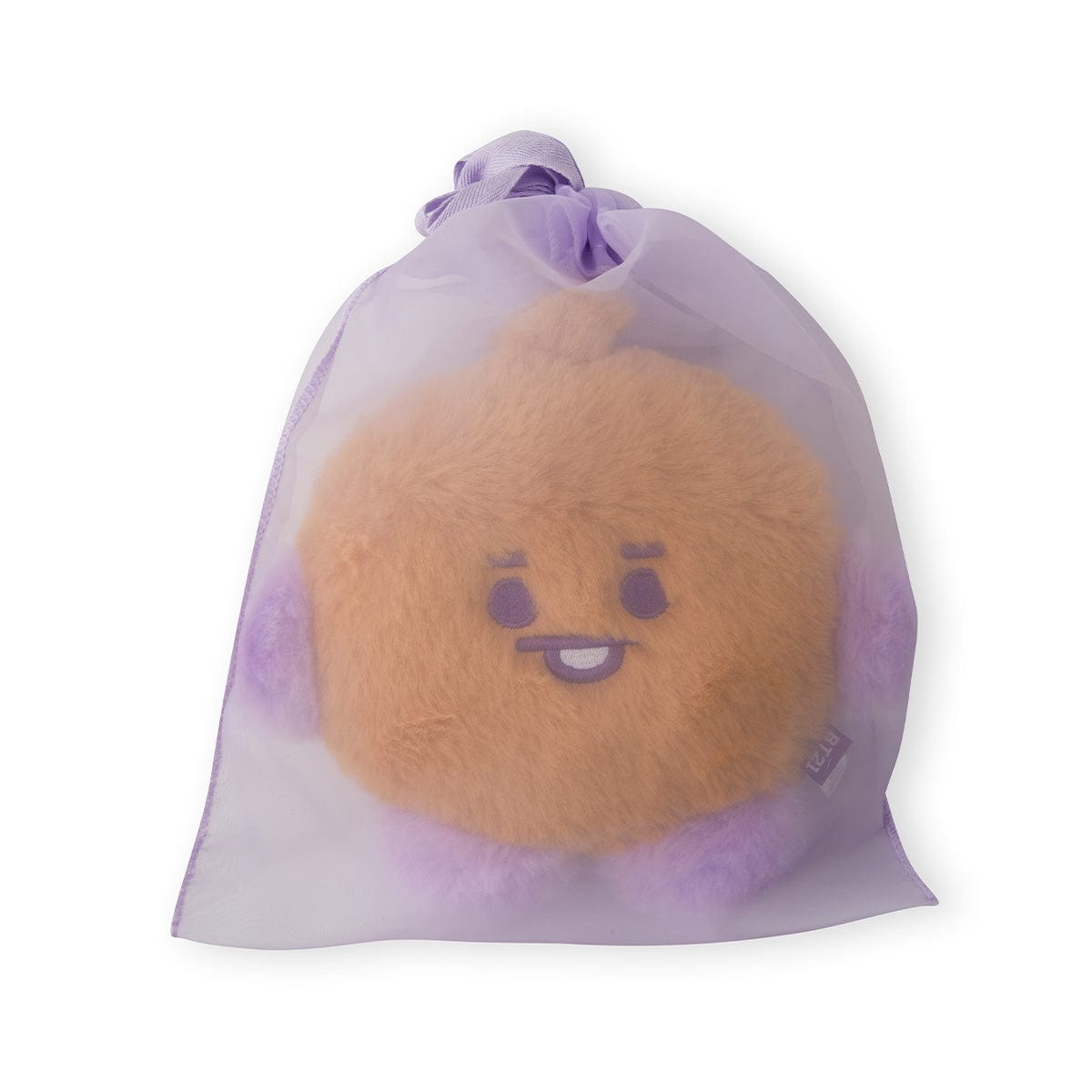 BT21 BABY SHOOKY FLAT FUR STANDING DOLL PURPLE HEART EDITION, peluche violette en mode poche, fond blanc.