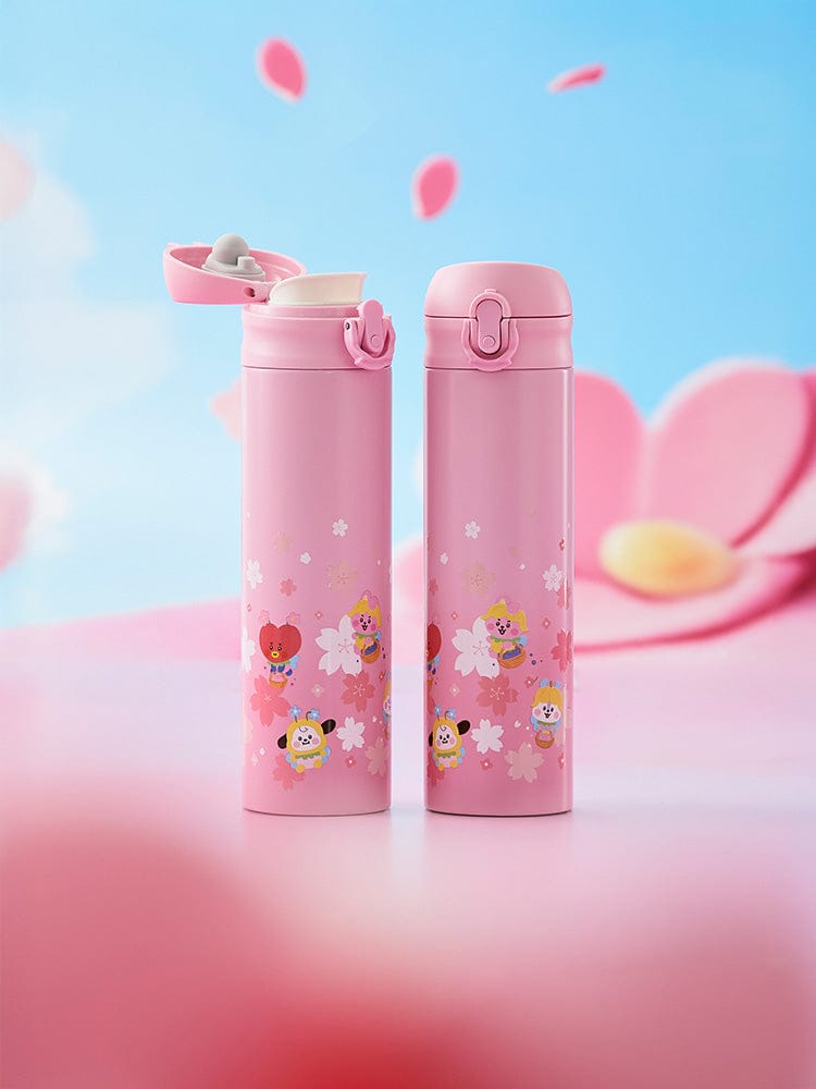 BT21 BABY TUMBLER(16oz) SPRING FAIRY, tumbler rose kawaii BT21/LINE FRIENDS, décor fleurs et ciel bleu printanier