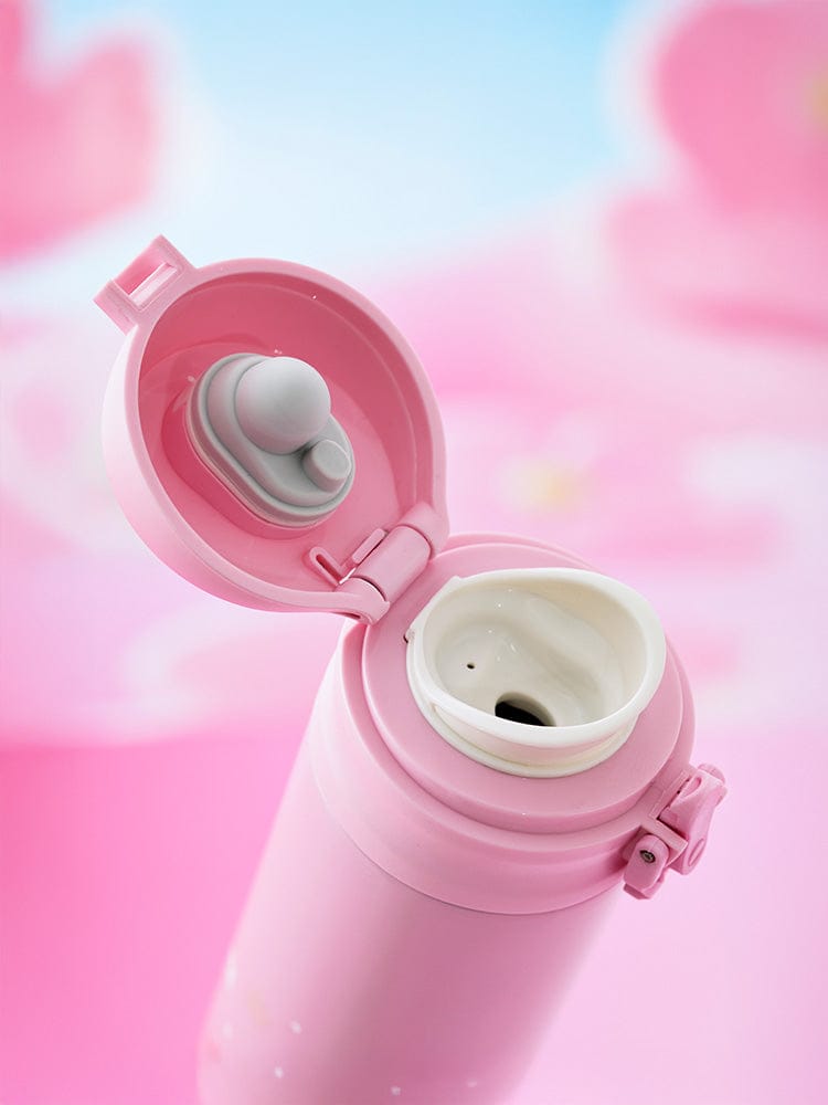 BT21 BABY TUMBLER(16oz) SPRING FAIRY : thermos rose kawaii LINE FRIENDS avec couvercle ouvert, ambiance pastel printemps BTS