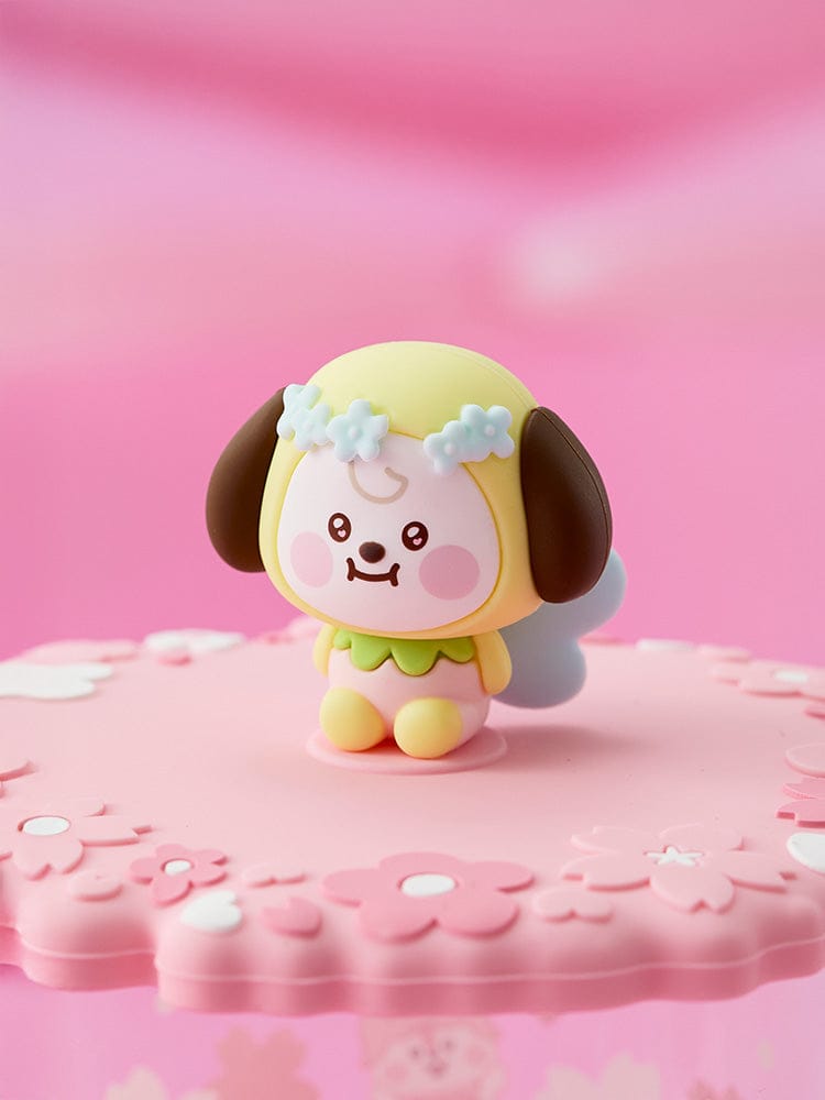 BT21 CHIMMY BABY GLASS UP & LID (11oz) SPRING FAIRY : figurine CHIMMY kawaii sur décor rose, ambiance printanière LINE FRIENDS