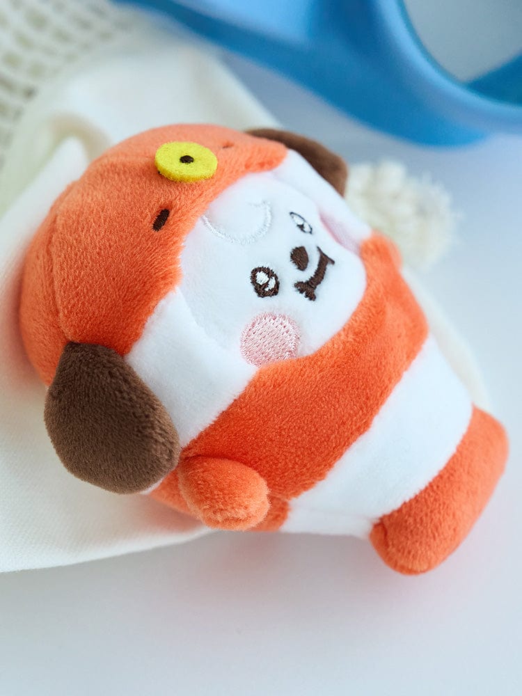 BT21 CHIMMY BABY MINI DOLL OCEAN FRIENDS : mini poupée peluche Jimin de BTS, chiot orange/bleu sur coussin bleu clair.