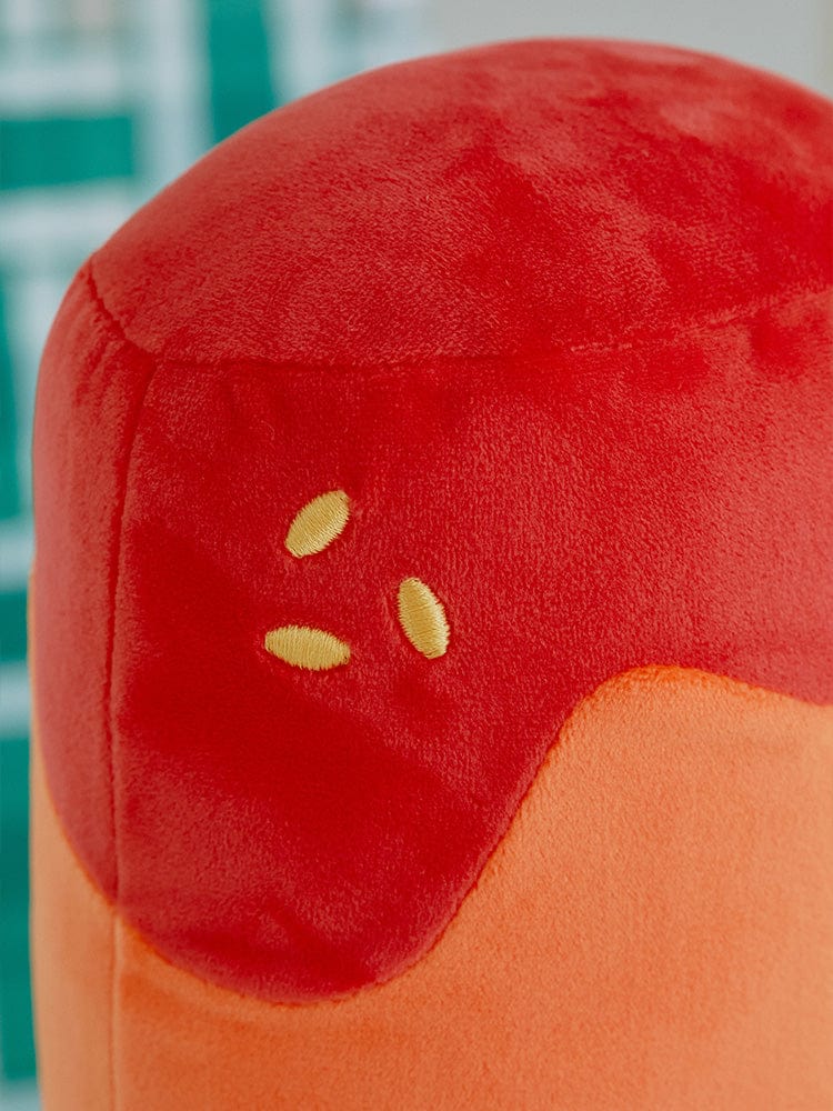 BT21 CHIMMY BABY PLUSH DOLL BUNSIK : peluche officielle Jimin BTS en gros plan, couleur rouge, décor chambre