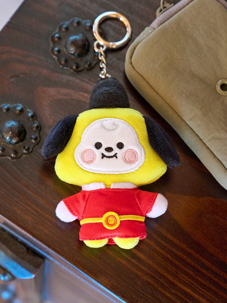 BT21 CHIMMY BABY PLUSH KEYRING K-EDITION 2 : porte-clés peluche officiel LINE FRIENDS, CHIMMY sur table, cadenas et portefeuille
